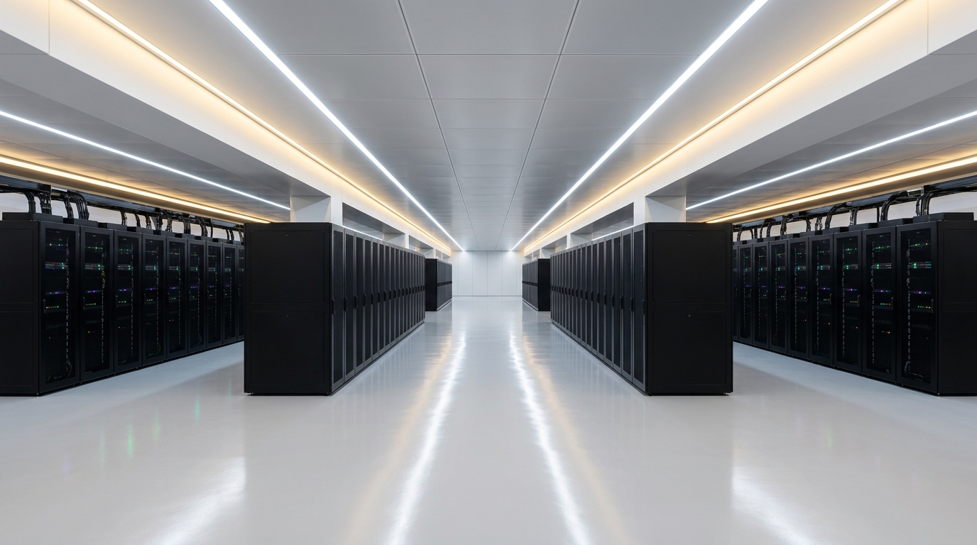 Bright white data centre corridor with matte black racks
