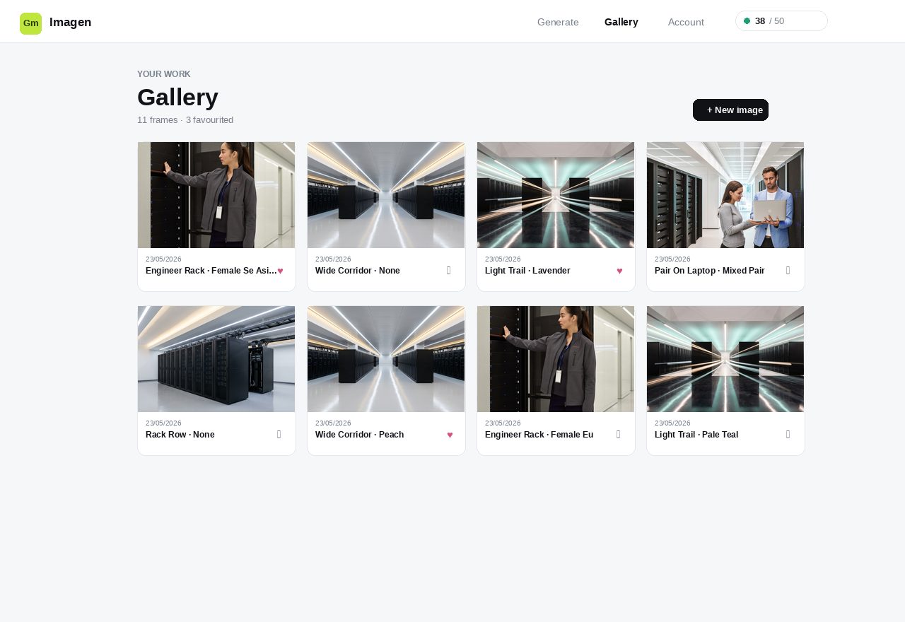 Imagen UI — the per-user gallery, attributed and favourited