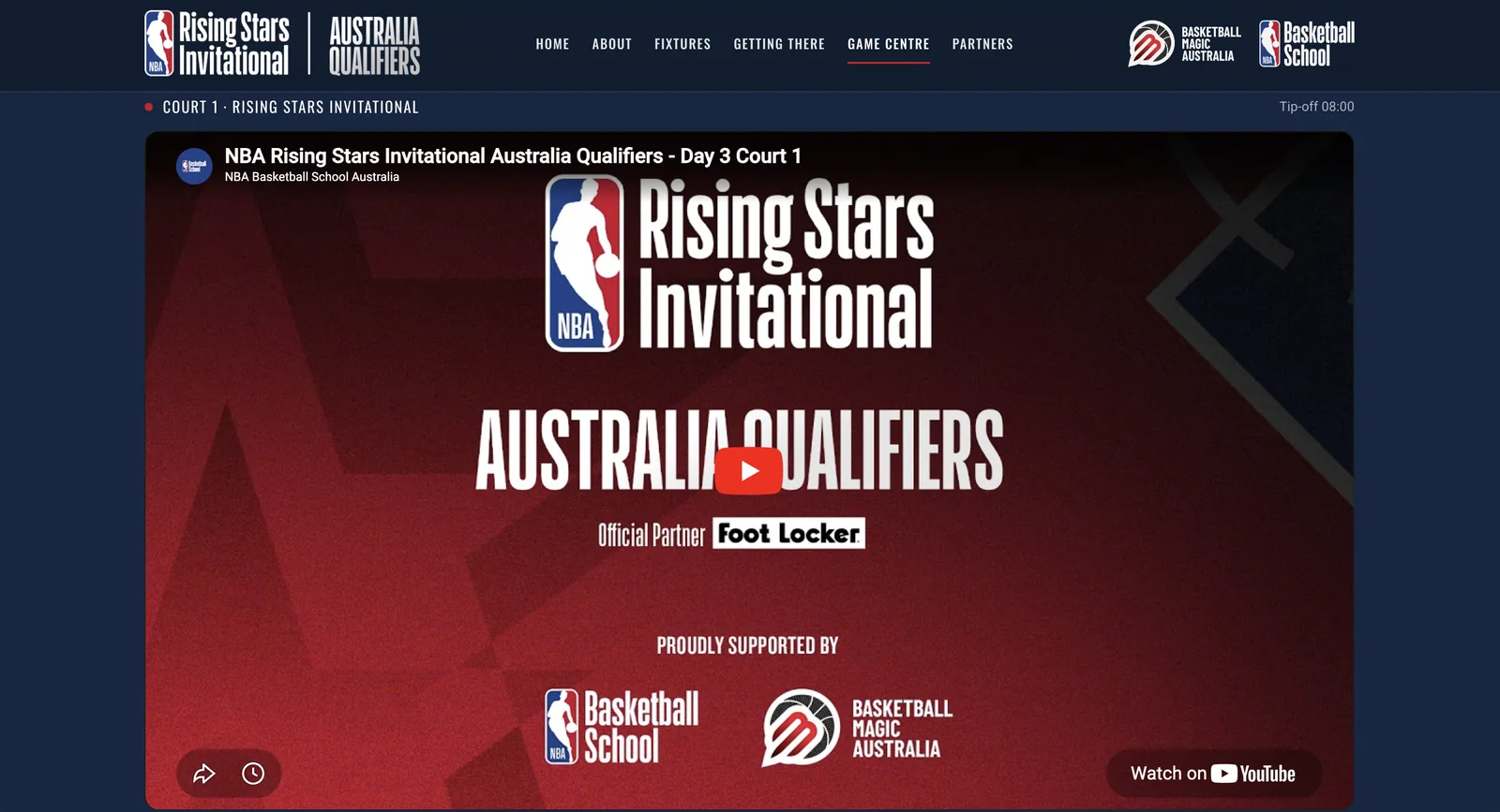 NBA Rising Stars Invitational Australia game centre with live YouTube court stream