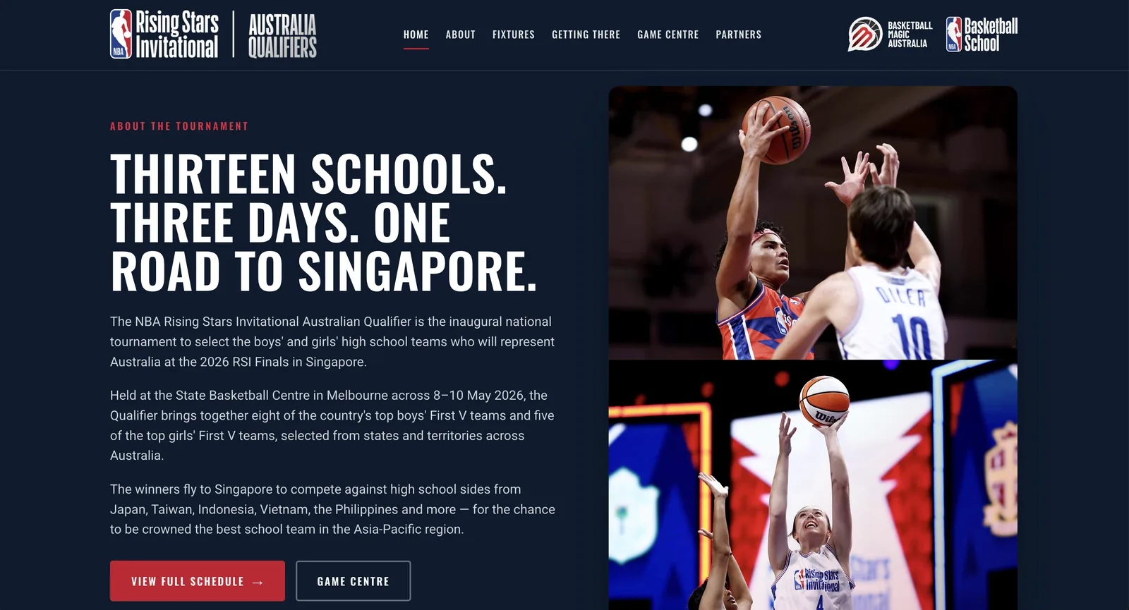 NBA Rising Stars Invitational Australia tournament website — about the tournament: thirteen schools, three days, one road to Singapore