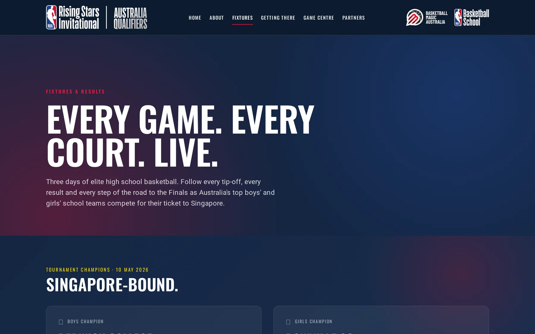 Tournament fixtures and results page