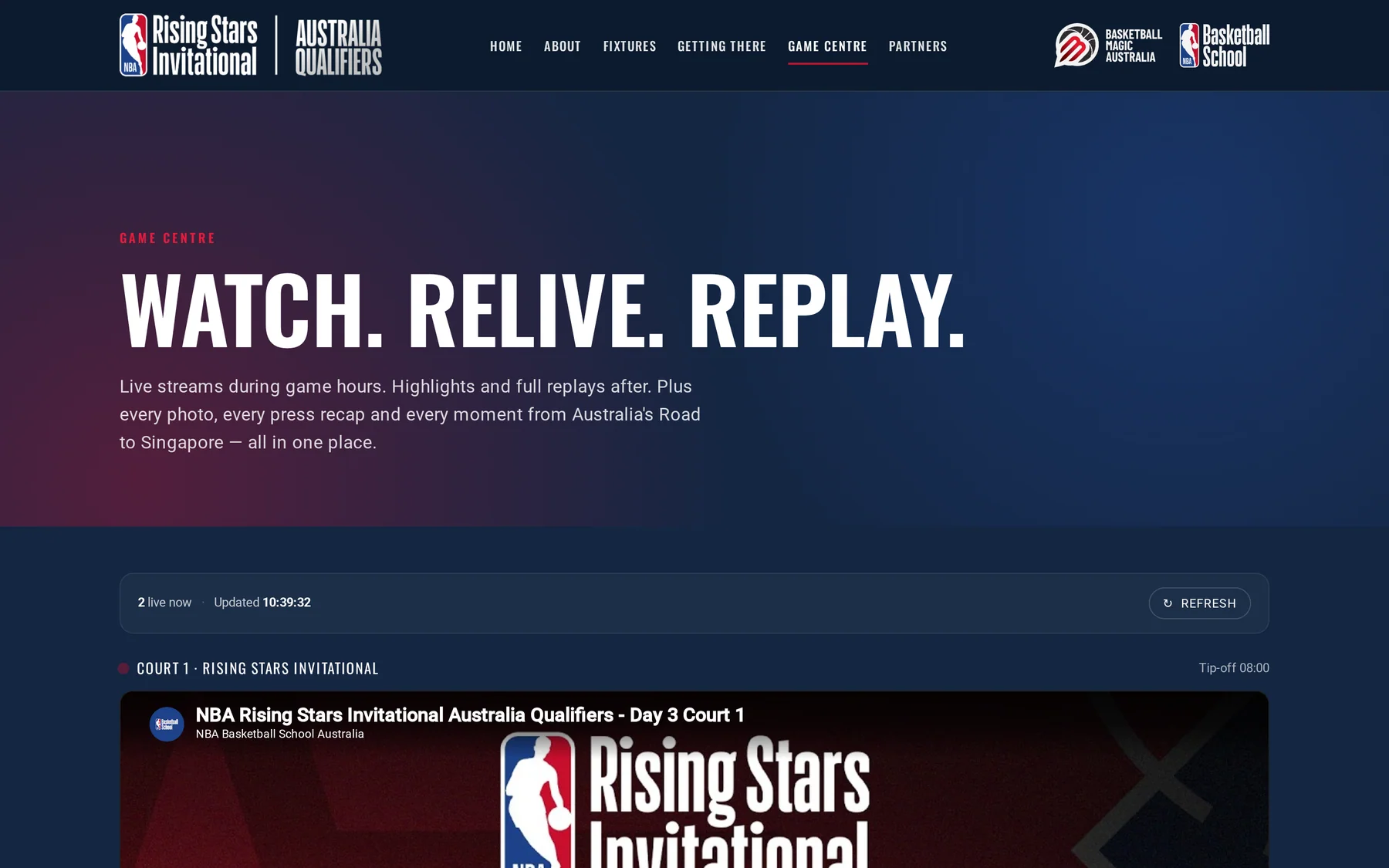 Live game centre page