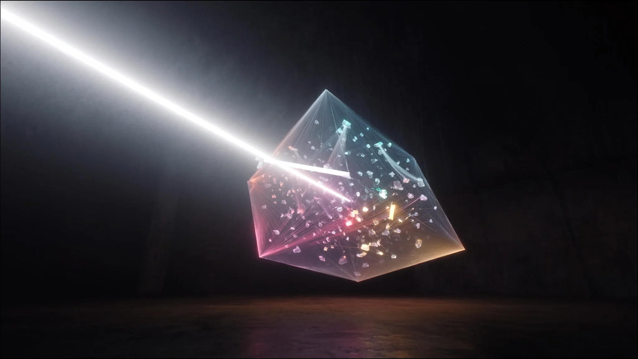 A translucent prism refracting a beam of white light into a cyan, magenta and amber spectrum